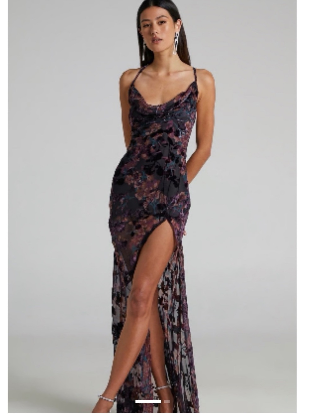 Showpo Floral Velvet Burnout Maxi Dress, Purple and Black, Size US 6
